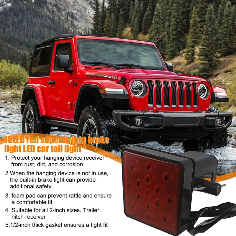 HZEL Trailer Hitch Receiver Cover with 15 LED Brake Lights, Super Bright Vehicle Lamp Tail Light Fit 2" Receiver, Auto Exterior Lighting Accessories, Universal for Towing Truck RV SUV (Red) - Image 5